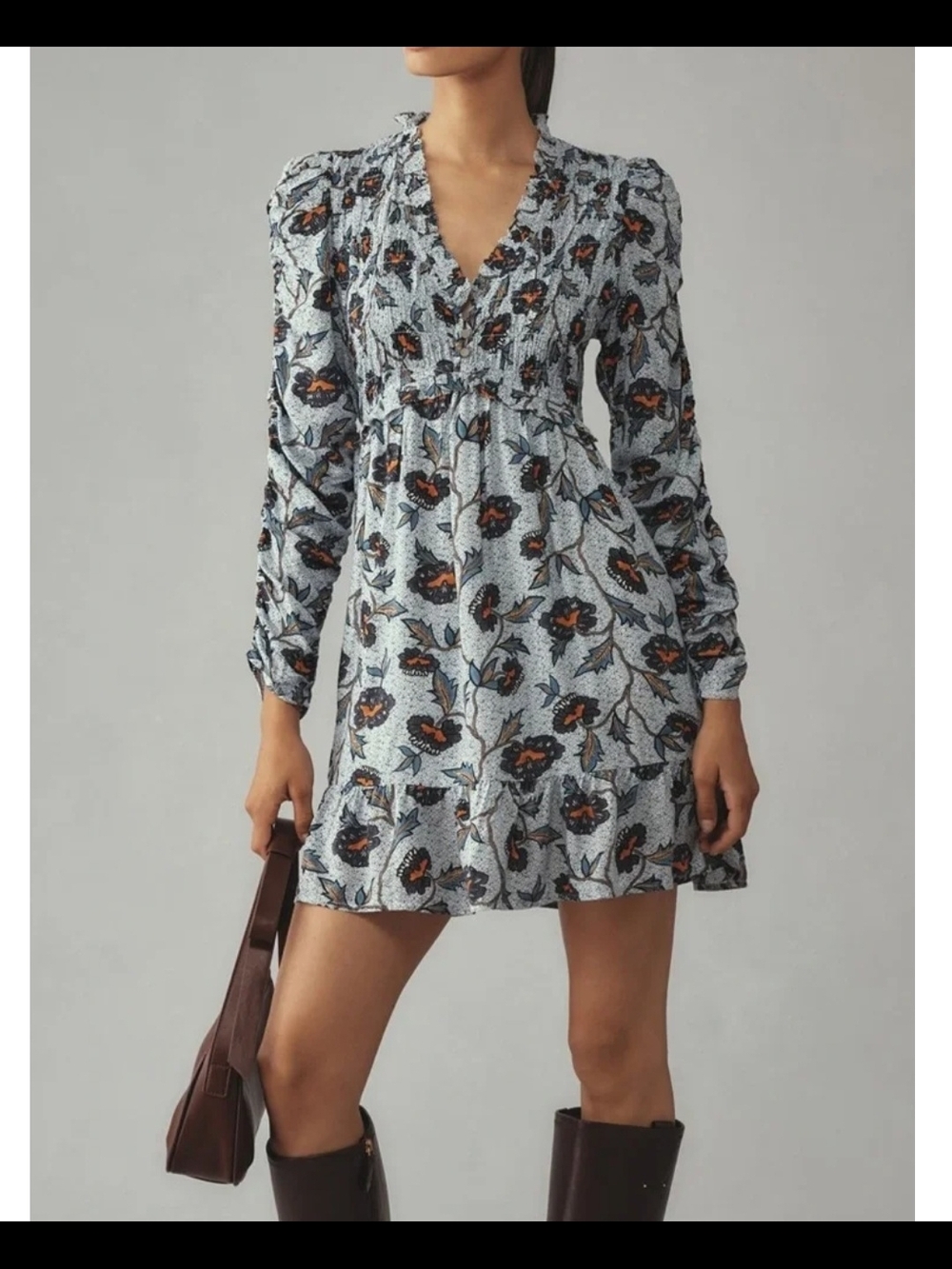 Anthropologie Light Blue Floral Mini Dress with Black and Orange Accents